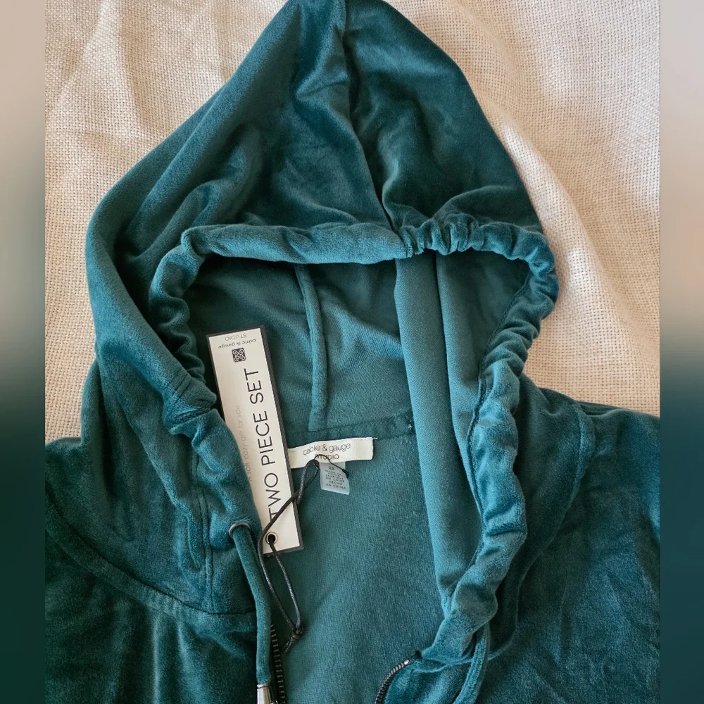 Cable & Gauge Botanical Garden Green Velour Hoodie Jogger Set, Size 2X - Picture 3 of 9